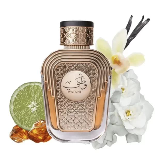 Frasco do Perfume Árabe Feminino Watani Purple com flores e limão atras