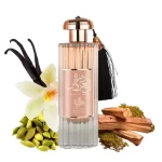 Frasco e embalagem do Perfume Árabe Feminino Durrat Al Aroos com flores atras