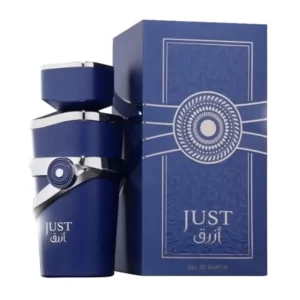 Frasco e embalagem do perfume arabe Just Azraq (Azul)