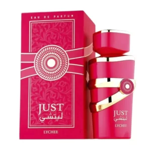 Frasco e embalagem do perfume arabe Just Lychee