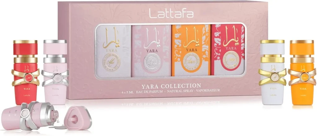 Frascos do Kit Lattafa Yara Mini com quatro fragrâncias de 5ml: Yara, Yara Candy, Yara Tous e Yara Moi.