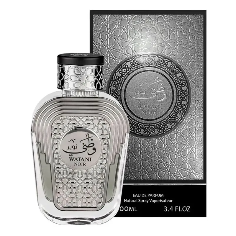 Frasco do Perfume Al Wataniah Watani Noir 100 ml, fragrância oriental amadeirada unissex com notas de bergamota, lavanda, vetiver, âmbar e baunilha, original importada dos Emirados Árabes Unidos