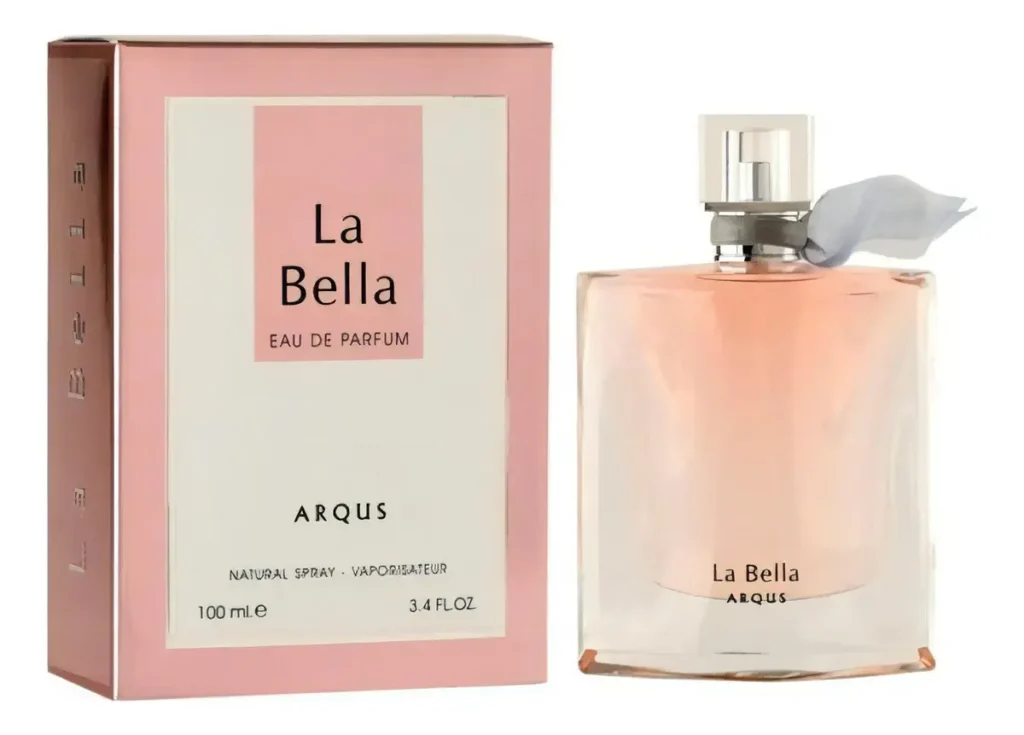 Frasco do Perfume Arqus La Bella Eau de Parfum 100 ml feminino, perfume importado inspirado no La Vie Est Belle, com notas de pera, groselha preta, íris, jasmim, flor de laranjeira, pralinê, baunilha, patchouli e fava tonka, de alta fixação.