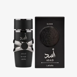 Frasco e embalagem Lattafa Asad Elixir EDP masculino 100ml.
