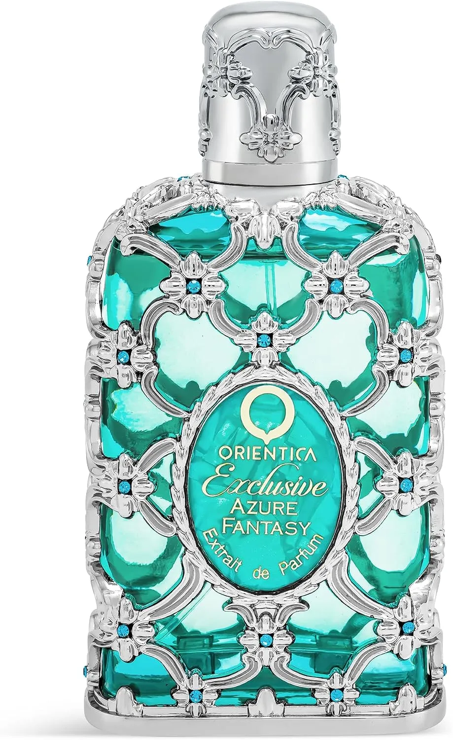 Frasco Orientica Azure Fantasy Extrait de Parfum 80ml unissex fresco e aromático.