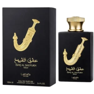 Frasco e embalagem Lattafa Ishq Al Shuyukh Gold