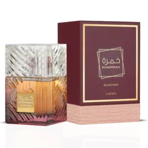 Frasco e embalagem do Khamrah Dukhan EDP 100ml da Lattafa