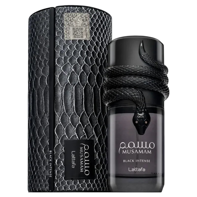 Lattafa Musamam Black Intense frasco e embalagem EDP 100ml