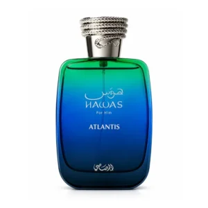 Frasco azul do perfume masculino Rasasi Hawas Atlantis Eau de Parfum 100ml.