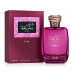 Frasco e embalagem do perfume feminino Rasasi Hawas Diva Eau de Parfum 100ml.
