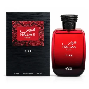 Frasco e embalagem do perfume Rasasi Hawas Fire EDP 100ml.