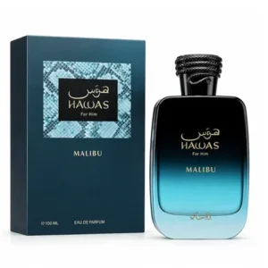 Frasco e embalagem do perfume Rasasi Hawas Malibu EDP 100ml.