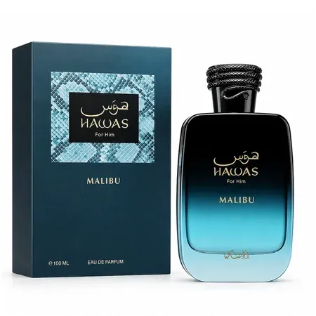 Rasasi Hawas Malibu • Frasco e Embalagem Frasco e embalagem do perfume Rasasi Hawas Malibu EDP 100ml.
