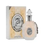 Frasco Lattafa Rouat Al Musk EDP 100ml unissex floral almiscarado.