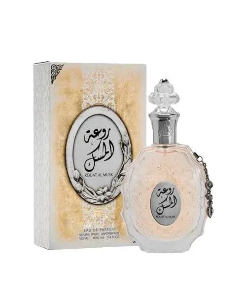 Frasco Lattafa Rouat Al Musk EDP 100ml unissex floral almiscarado.