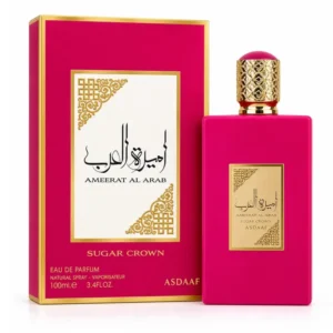 Frasco e embalagem do perfume Asdaaf Ameerat Al Arab Sugar Crown Eau de Parfum 100ml.