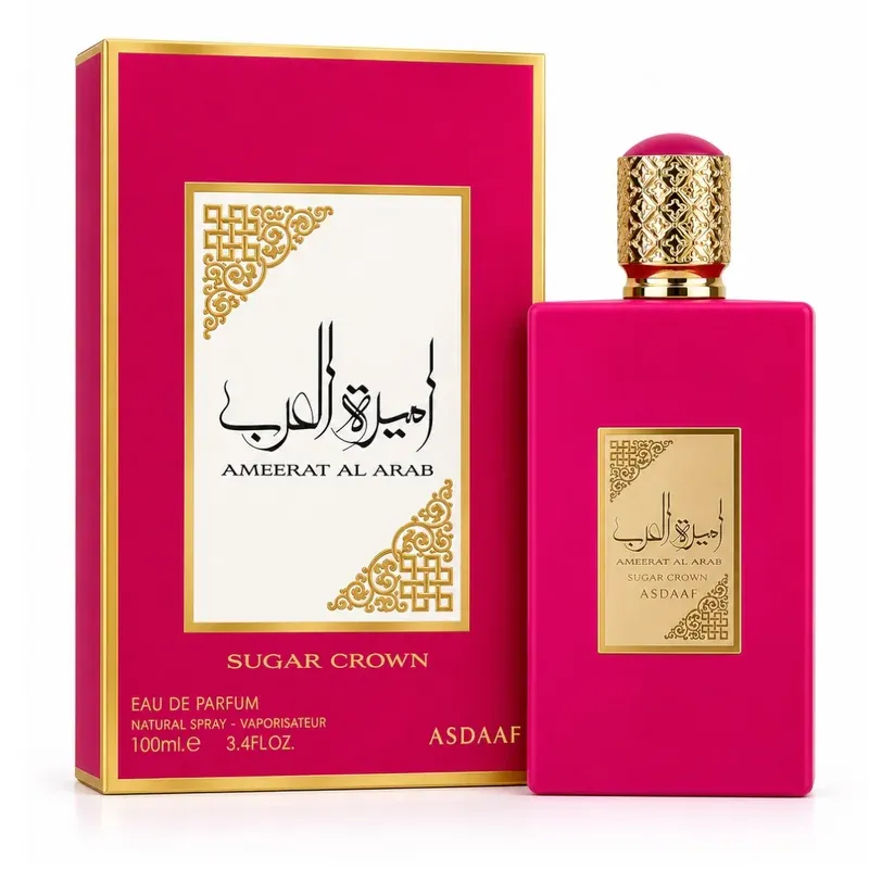 Frasco e embalagem do perfume Asdaaf Ameerat Al Arab Sugar Crown Eau de Parfum 100ml.