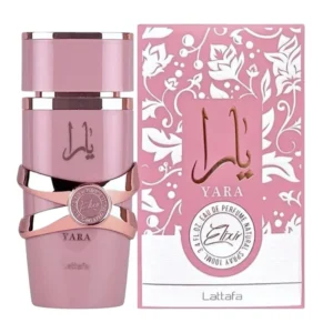 Frasco e embalagem Lattafa Yara Elixir EDP feminino 100ml.
